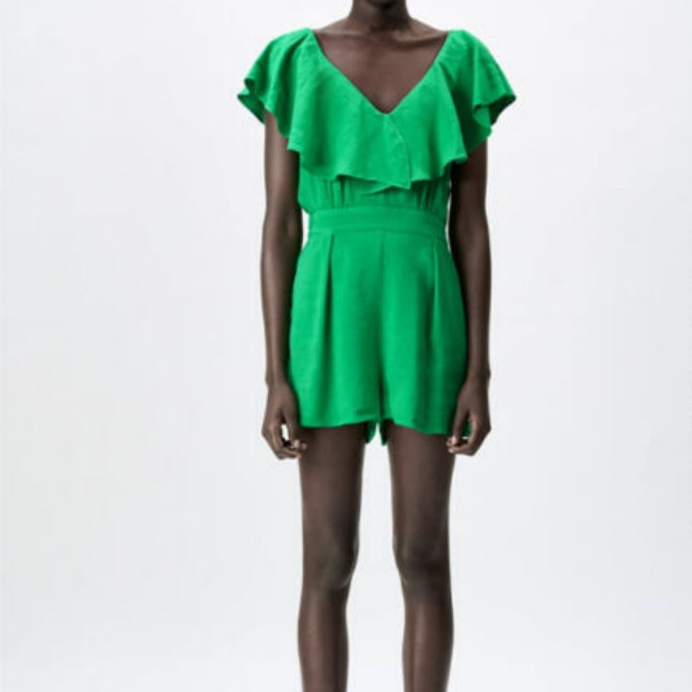 Zara NWT Green Linen Ruffle Jumpsuit Romper Sz Small